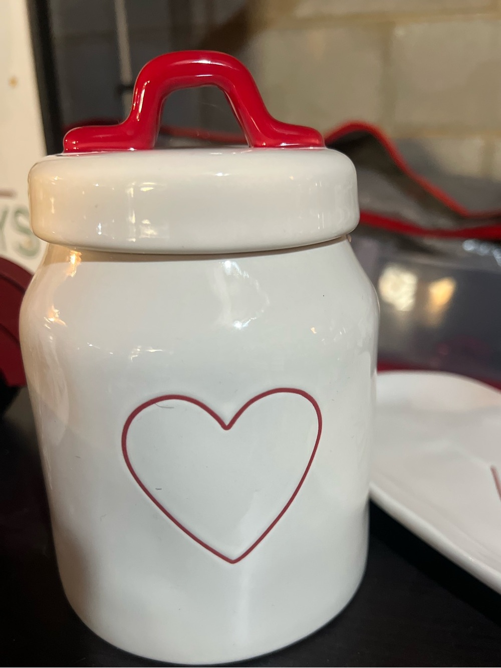 Small White Ceramic Heart Canister with Red Trim